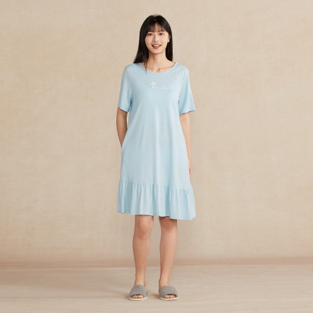 竹纖維網印短袖洋裝-春日藍