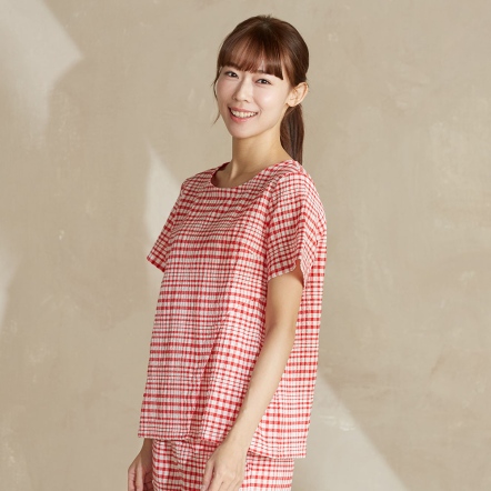 皺皺格紋短袖上衣-紅