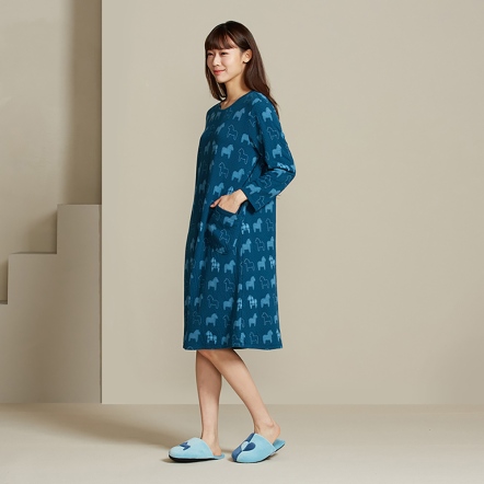 冰島馬提花長袖洋裝-極光藍
