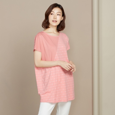 圓點提花短袖長上衣-西柚紅