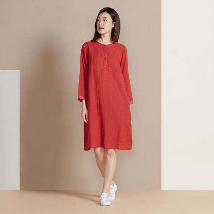 雙層棉半開襟長袖洋裝-紅