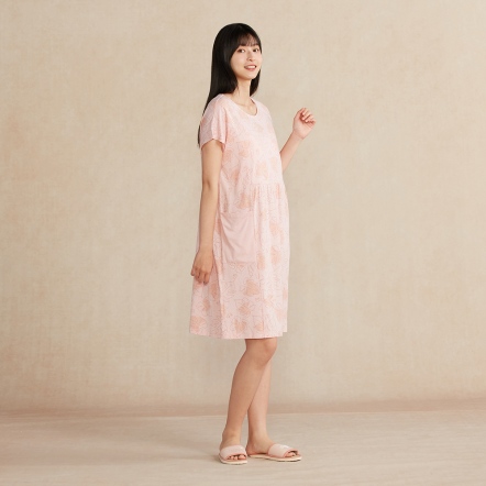 雨林馬來貘印花短袖洋裝-貝殼粉