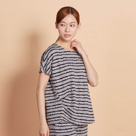 凸條提花抓皺連袖上衣-迷霧灰