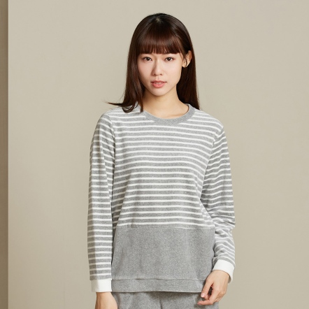 條紋剪毛絨剪接長袖上衣-迷霧灰