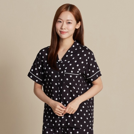 圓點印花短袖襯衫-黑