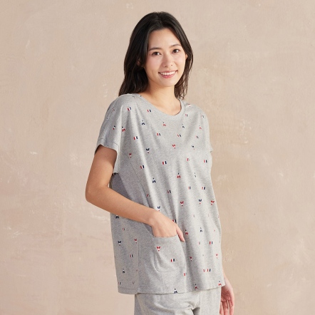 巴黎印花拼接短袖上衣-迷霧灰