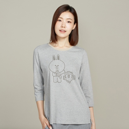 LINE FRIENDS｜兔兔莎莉網印七分袖上衣-迷霧灰