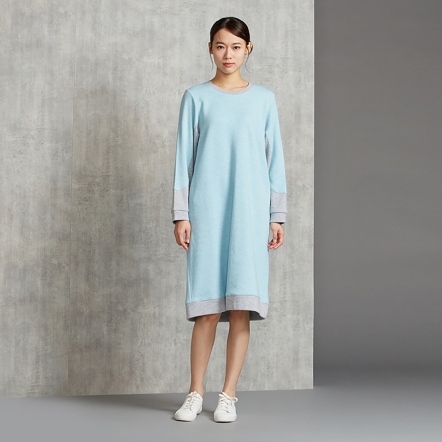 雙色提花剪接長袖洋裝-冰島藍