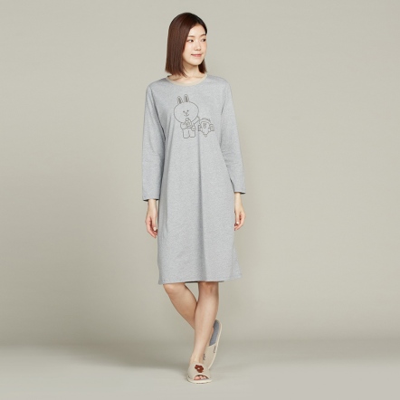 LINE FRIENDS｜兔兔莎莉網印長袖洋裝-迷霧灰