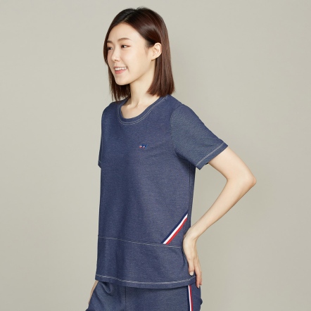 【鋅纖維】仿牛仔彈性短袖上衣-丈青