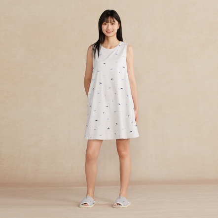 鯊魚印花拼接無袖洋裝-銀白灰