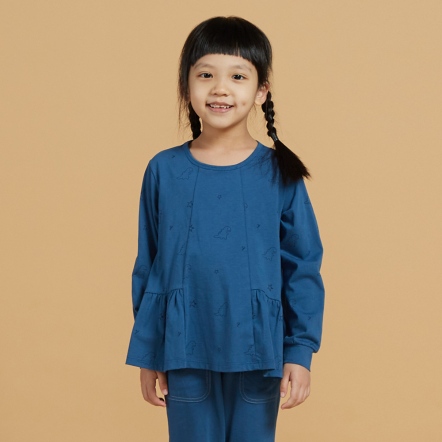 童裝 | 恐龍印花荷葉下擺長袖上衣-普魯士藍