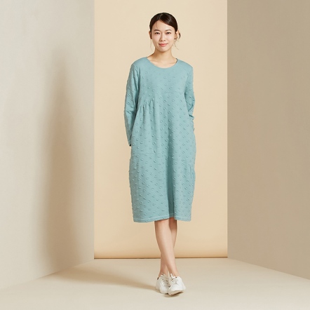 圓點提花長袖洋裝-淺藍綠