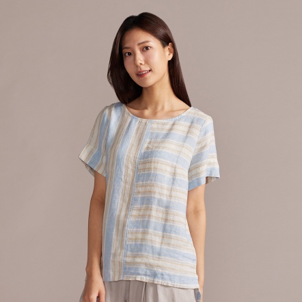 網路限定｜寬條紋拼接亞麻短袖上衣-淺藍