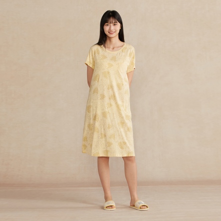 雨林馬來貘印花短袖洋裝-鵝絨黃