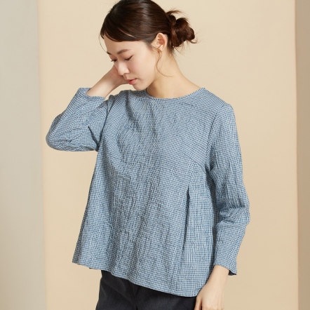 皺皺細格紋提花長袖上衣-暮光綠