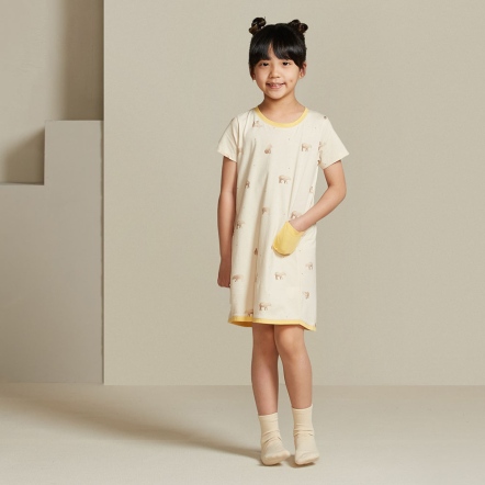 童裝｜馬來貘印花短袖洋裝-象牙白