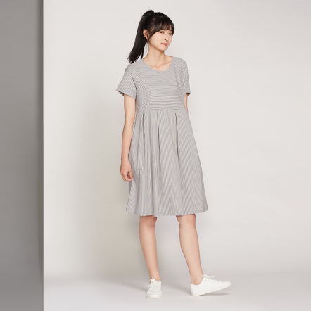 直條提花拼接短袖洋裝-迷霧灰