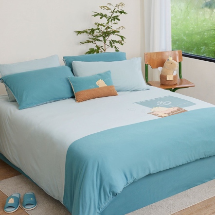 錢湯水豚 被套+枕套組-泉水綠