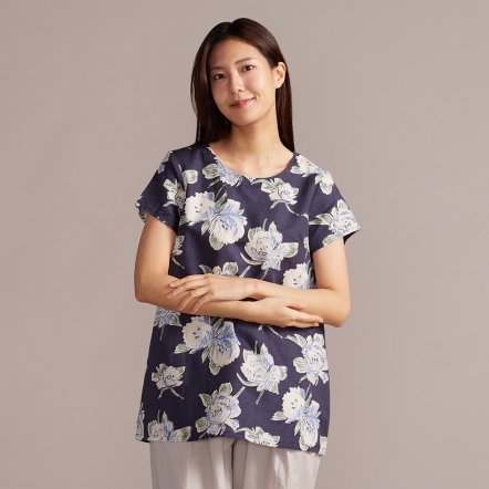 網路限定｜花卉印花棉麻短袖上衣-深藍