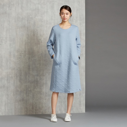 心形包紗長袖洋裝-運河藍