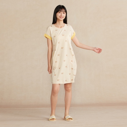 馬來貘印花短袖洋裝-象牙白
