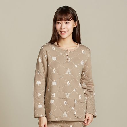 海鸚鵡包紗半開襟長袖上衣-摩卡棕