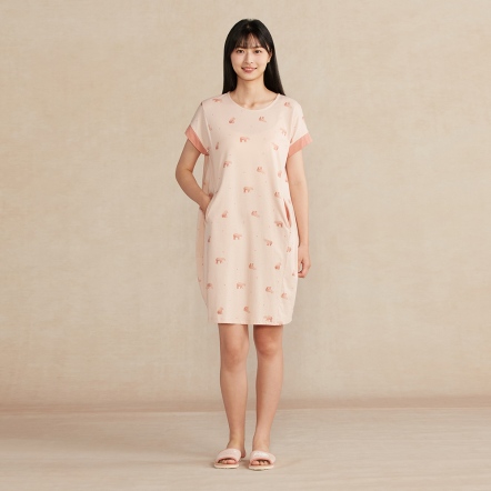 馬來貘印花短袖洋裝-香檳粉