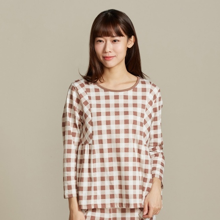 格紋印花長袖上衣-可可棕