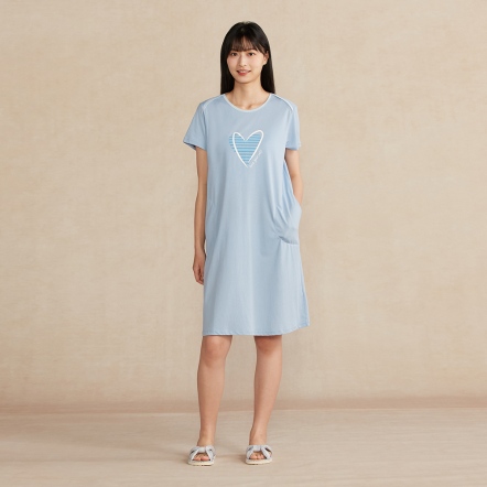【蘆薈纖維】愛心網印短袖洋裝-海島藍