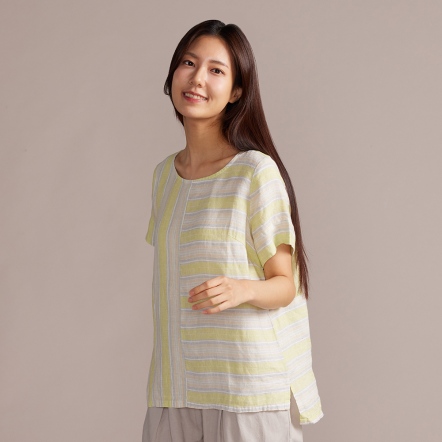 網路限定｜寬條紋拼接亞麻短袖上衣-淺綠