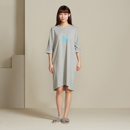 冰島馬網印連袖洋裝-岩石灰