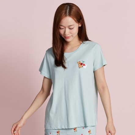 DINOTAENG | 櫻桃繡花短袖上衣-湖水綠