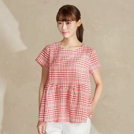 皺皺格紋荷葉短袖上衣-紅
