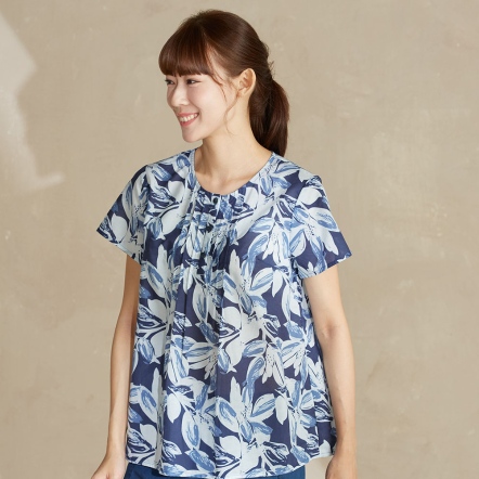 棉麻印花半開襟短袖上衣-丈青