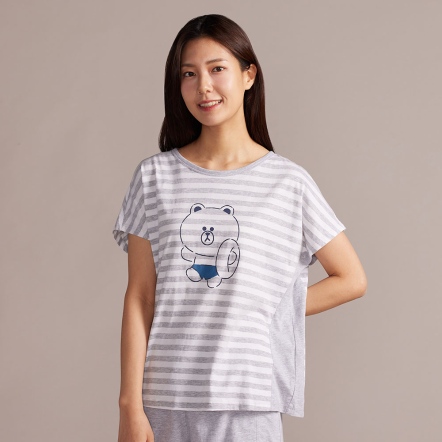 LINE FRIENDS｜假期熊大條紋連袖上衣－寧靜灰