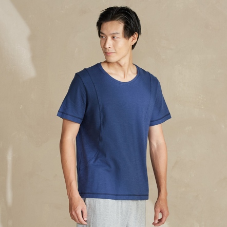 男裝 | 素色剪接短袖上衣-深藍