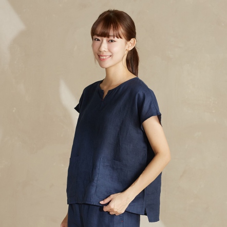 亞麻素面連袖上衣-深丈青