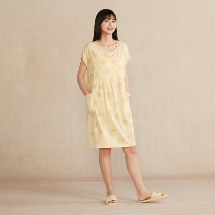 雨林馬來貘印花短袖洋裝-鵝絨黃