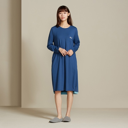 【暖薑纖維】睛睛繡花長袖洋裝-普魯士藍