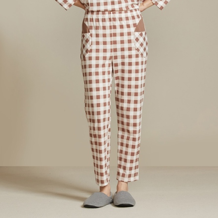 格紋印花長褲-可可棕