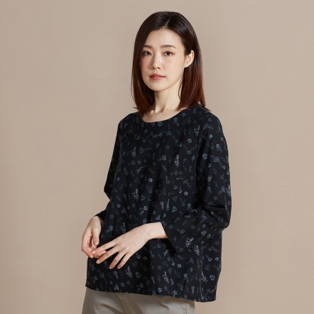 點點花拼接七分袖上衣-灰藍