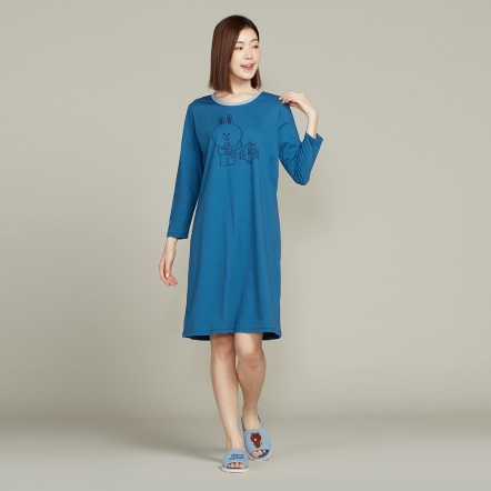 LINE FRIENDS｜兔兔莎莉網印長袖洋裝-普魯士藍