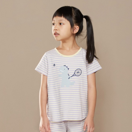 【防蚊】童裝｜網球恐龍條紋短袖上衣 -薰衣草紫