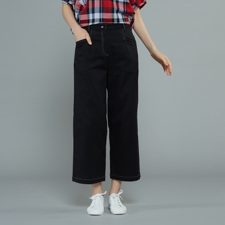 斜紋車縫設計寬褲-黑