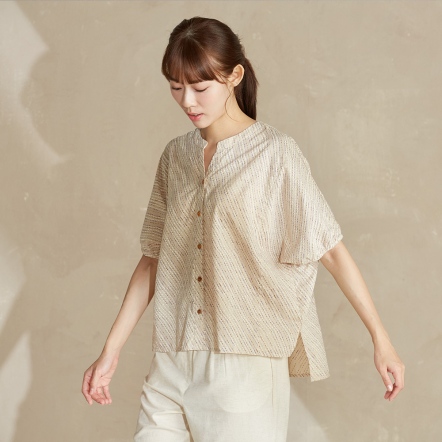泡泡印花短袖開襟衫-奶茶棕