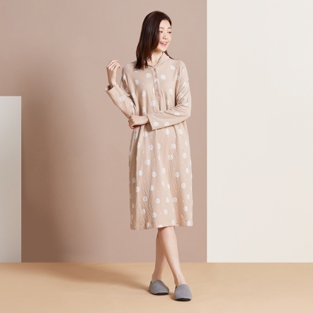 40週年提花半開襟長袖洋裝-奶茶棕