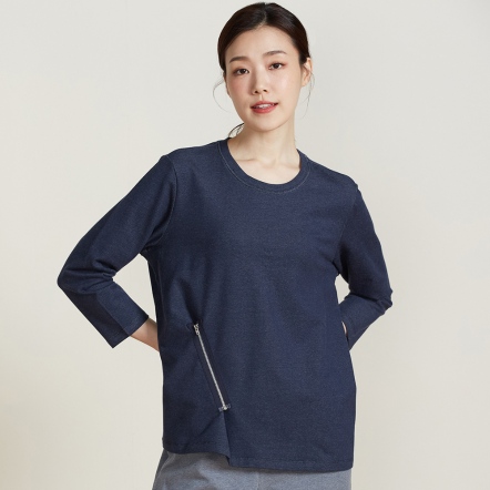 【鋅纖維】仿牛仔拉鍊彈性長袖上衣-深丈青