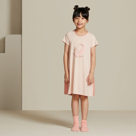 童裝｜馬來貘網印短袖洋裝-香檳粉