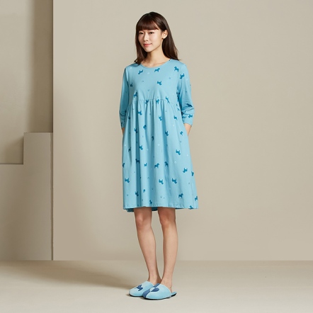 冰島馬印花七分袖洋裝-冰島藍